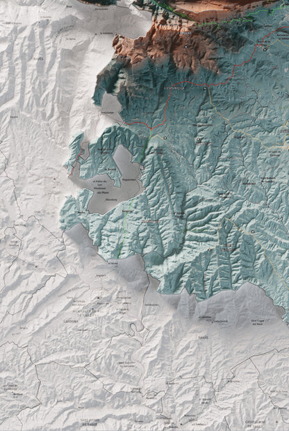 Mapa de relieve del Berguedà, con el territorio en color y el entorno en blanco. Detalle de la zona inferior izquierda. 61 × 91 cm. Estilo Azul y naranja.