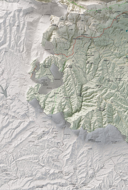 Mapa de relieve del Berguedà, con el territorio en color y el entorno en blanco. Detalle de la zona inferior izquierda. 61 × 91 cm. Estilo Cartográfico.