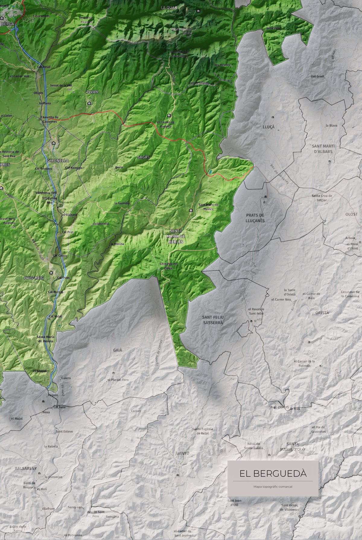 Mapa de relieve del Berguedà, con el territorio en color y el entorno en blanco. Detalle de la zona inferior derecha. 61 × 91 cm. Estilo Clásico.