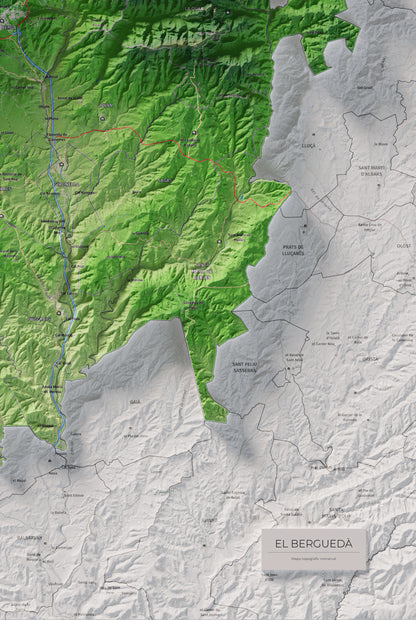 Mapa de relieve del Berguedà, con el territorio en color y el entorno en blanco. Detalle de la zona inferior derecha. 61 × 91 cm. Estilo Clásico.