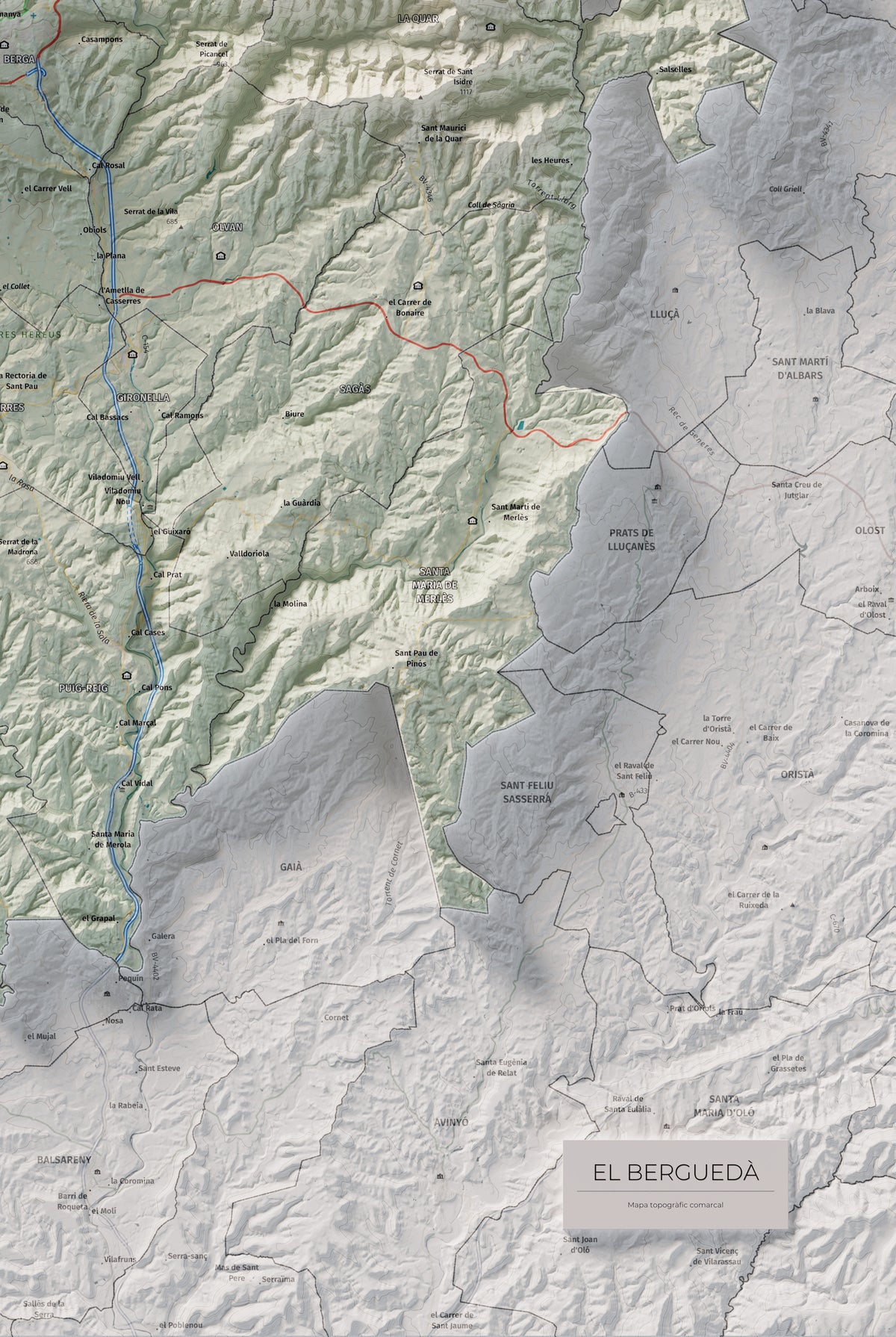 Mapa de relieve del Berguedà, con el territorio en color y el entorno en blanco. Detalle de la zona inferior derecha. 61 × 91 cm. Estilo Cartográfico.