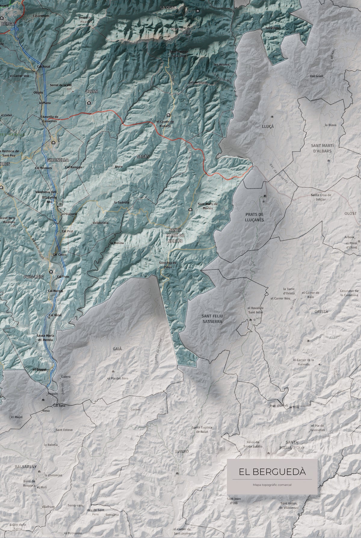Mapa de relieve del Berguedà, con el territorio en color y el entorno en blanco. Detalle de la zona inferior derecha. 61 × 91 cm. Estilo Azul y naranja.