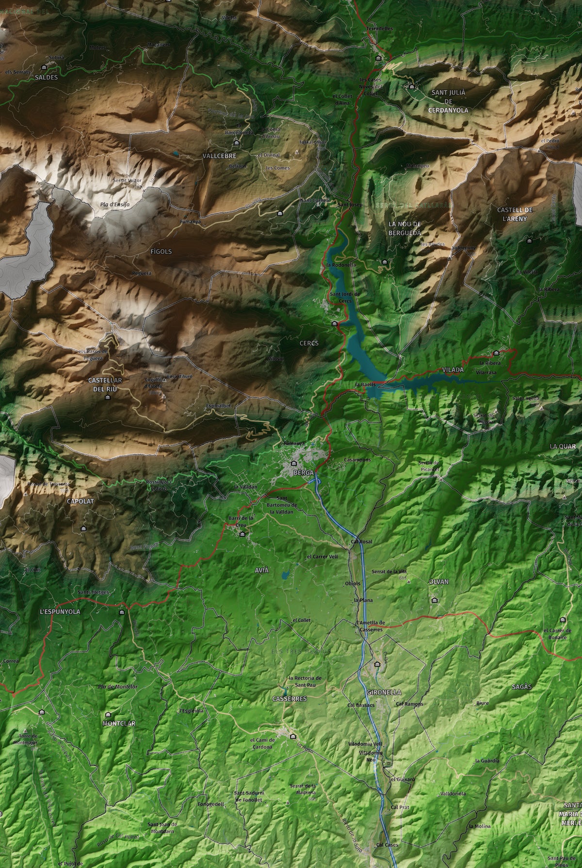 Mapa de relieve del Berguedà, con el territorio en color y el entorno en blanco. Detalle de la zona central. 61 × 91 cm. Estilo Clásico.