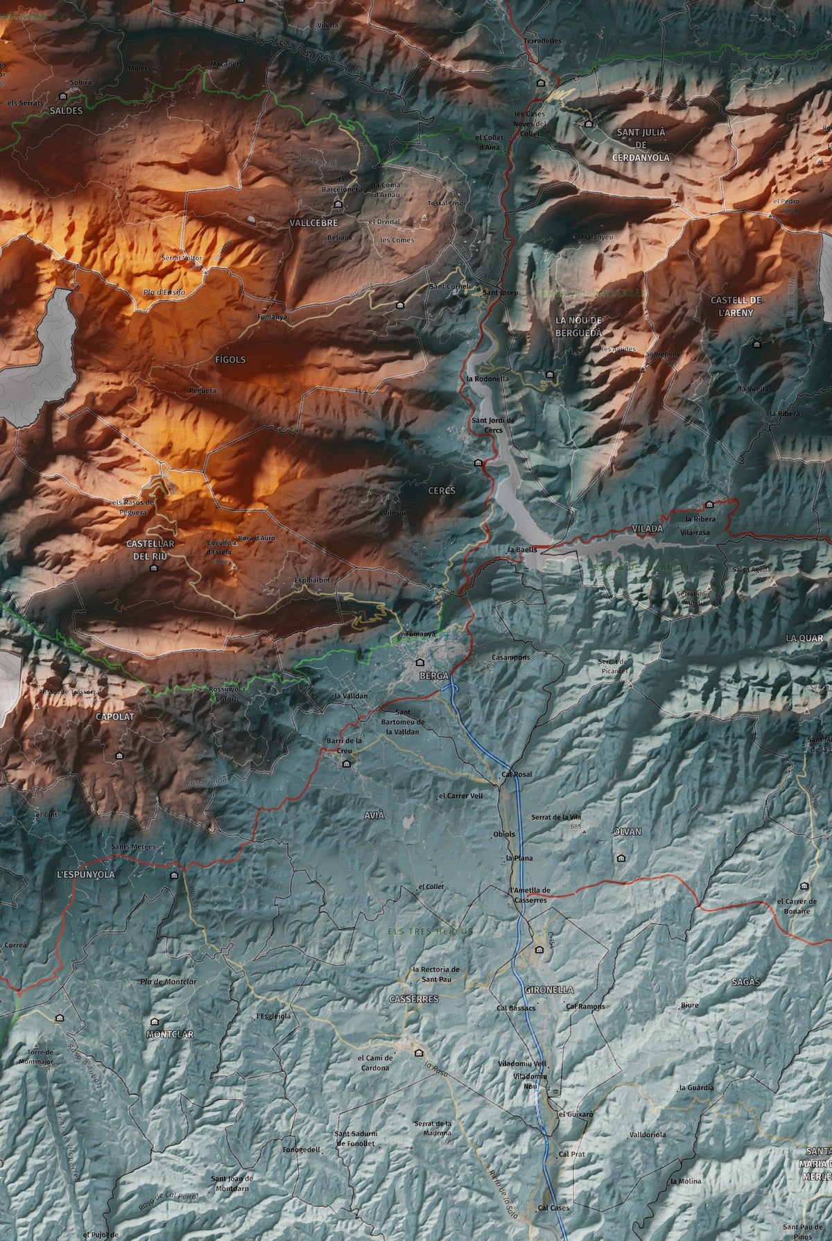 Mapa de relieve del Berguedà, con el territorio en color y el entorno en blanco. Detalle de la zona central. 61 × 91 cm. Estilo Azul y naranja.