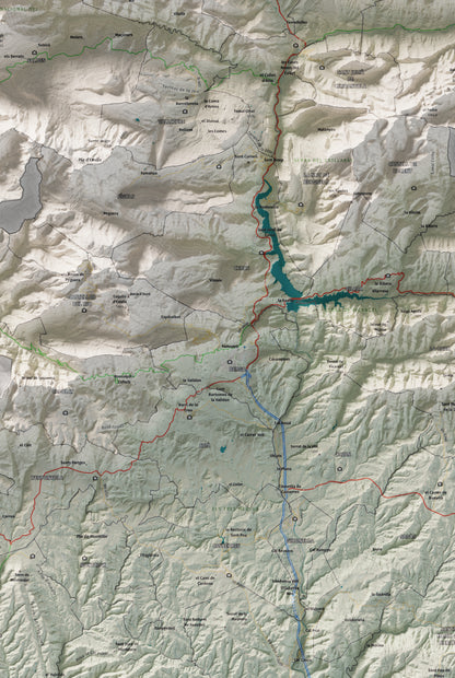 Mapa de relieve del Berguedà, con el territorio en color y el entorno en blanco. Detalle de la zona central. 61 × 91 cm. Estilo Cartográfico.