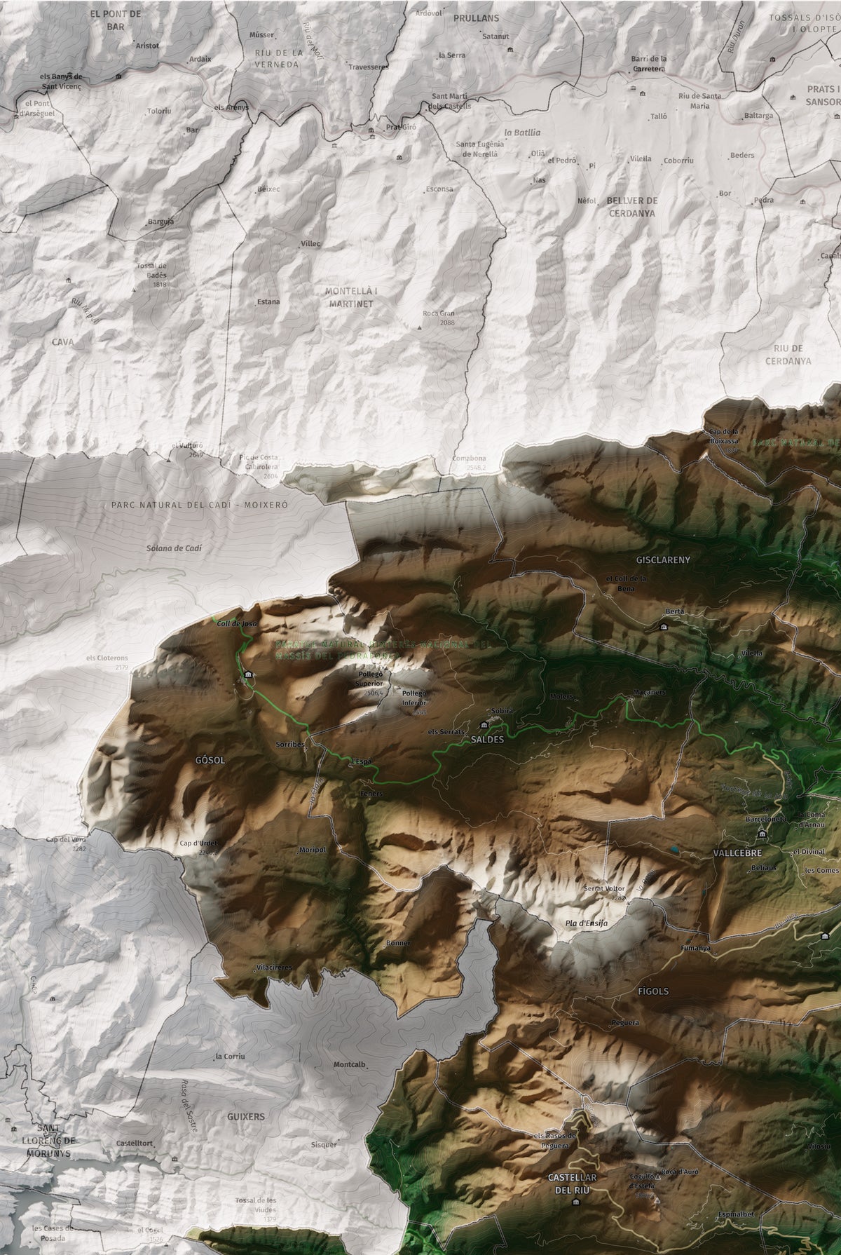 Mapa de relieve del Berguedà, con el territorio en color y el entorno en blanco. Detalle de la zona superior izquierda. 61 × 91 cm. Estilo Clásico.