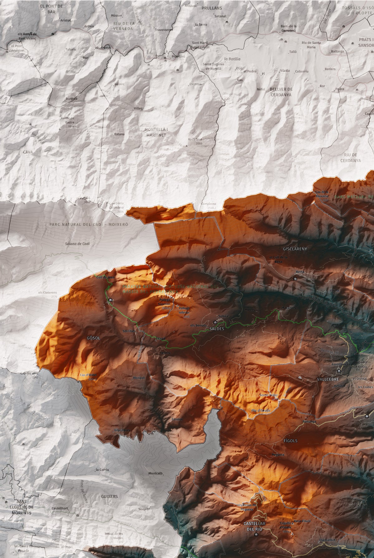 Mapa de relieve del Berguedà, con el territorio en color y el entorno en blanco. Detalle de la zona superior izquierda. 61 × 91 cm. Estilo Azul y naranja.