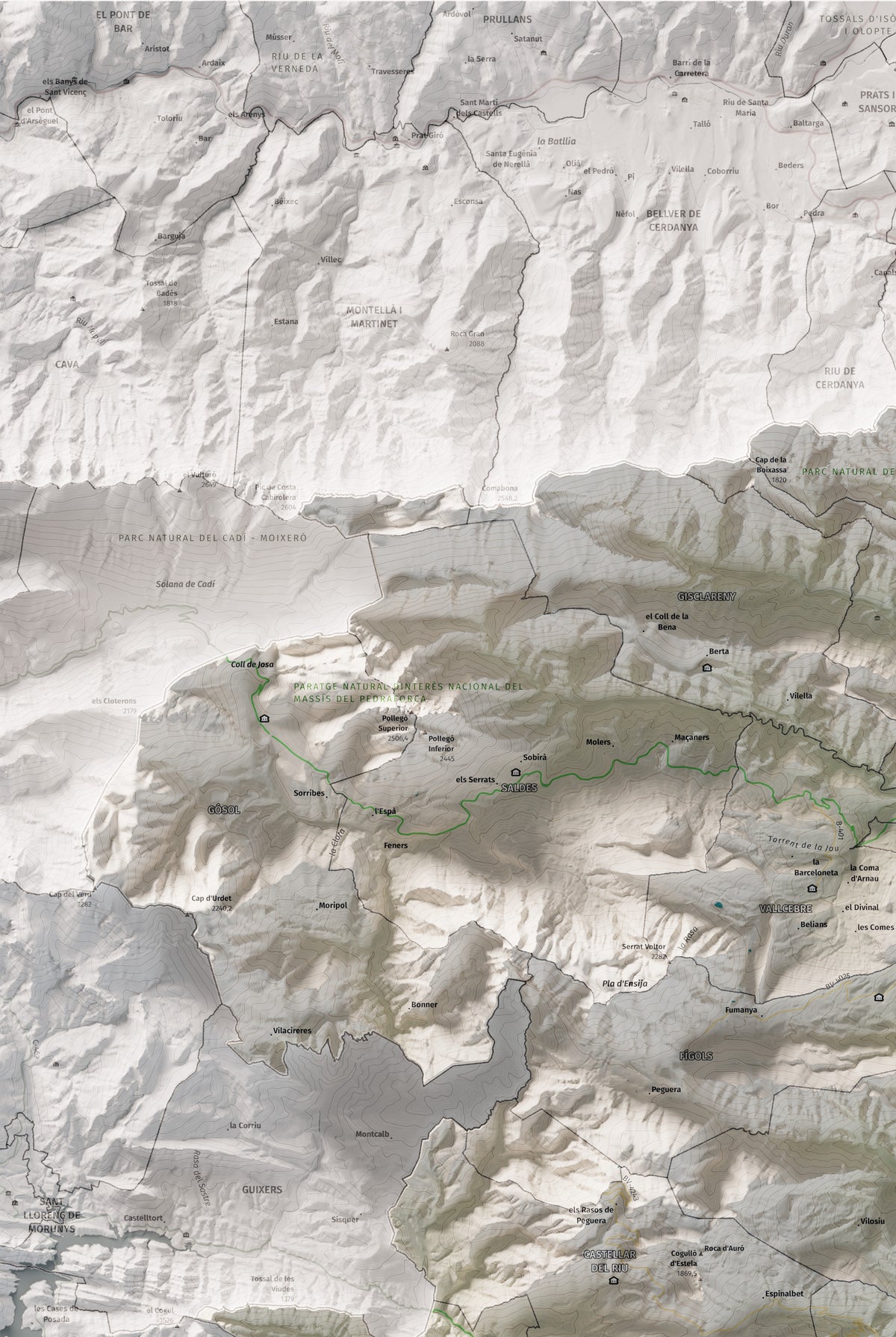 Mapa de relieve del Berguedà, con el territorio en color y el entorno en blanco. Detalle de la zona superior izquierda. 61 × 91 cm. Estilo Cartográfico.