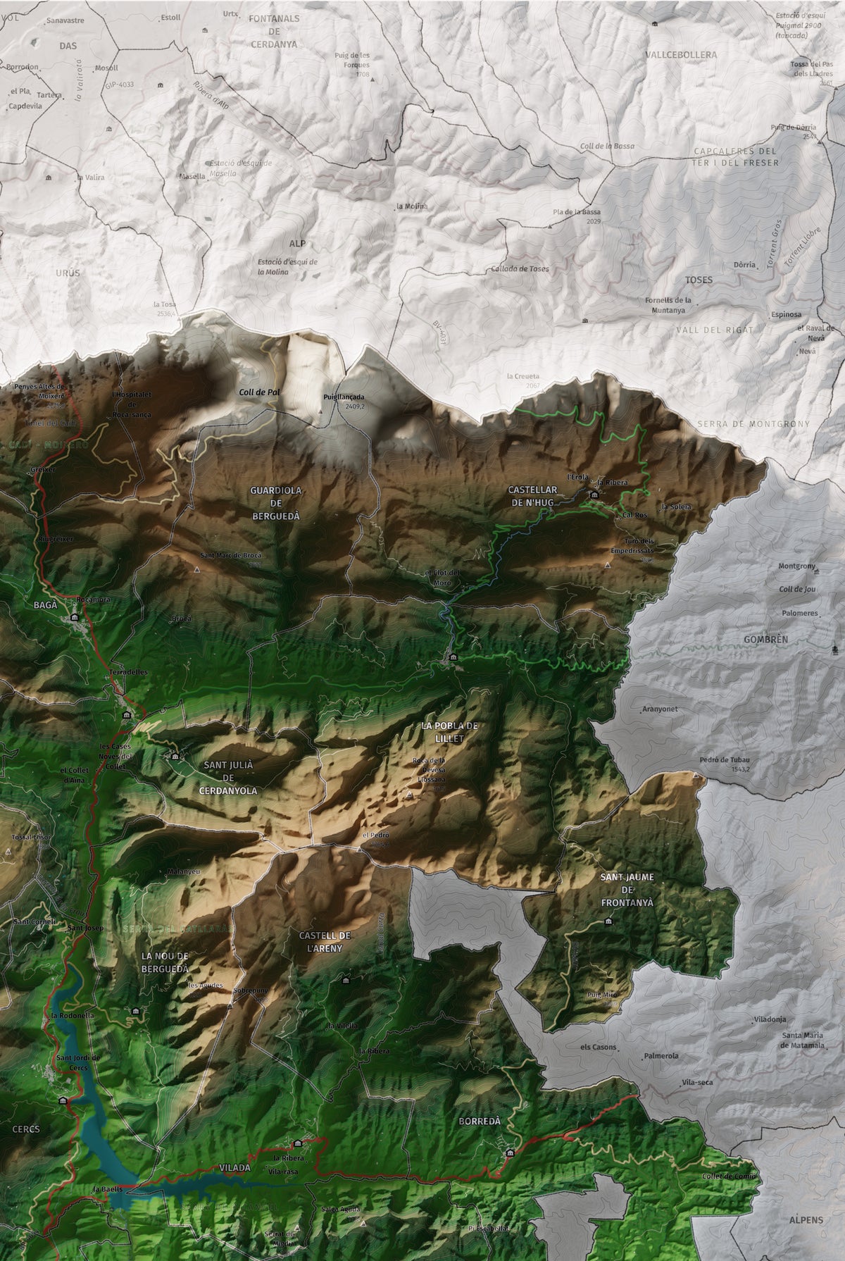 Mapa de relieve del Berguedà, con el territorio en color y el entorno en blanco. Detalle de la zona superior derecha. 61 × 91 cm. Estilo Clásico.