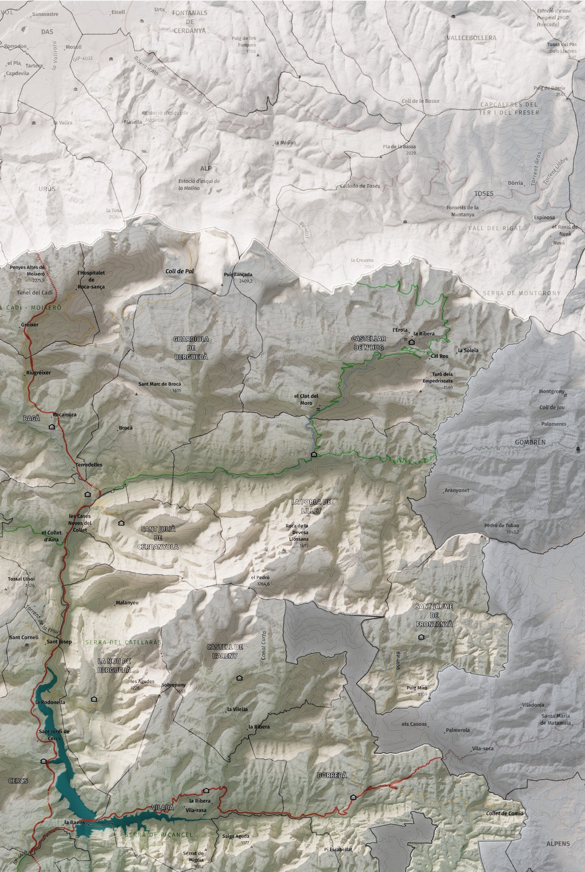 Mapa de relieve del Berguedà, con el territorio en color y el entorno en blanco. Detalle de la zona superior derecha. 61 × 91 cm. Estilo Cartográfico.