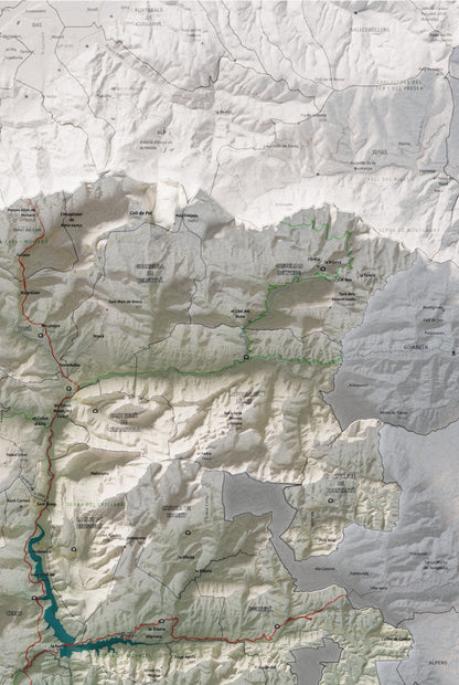 Mapa de relieve del Berguedà, con el territorio en color y el entorno en blanco. Detalle de la zona superior derecha. 61 × 91 cm. Estilo Cartográfico.