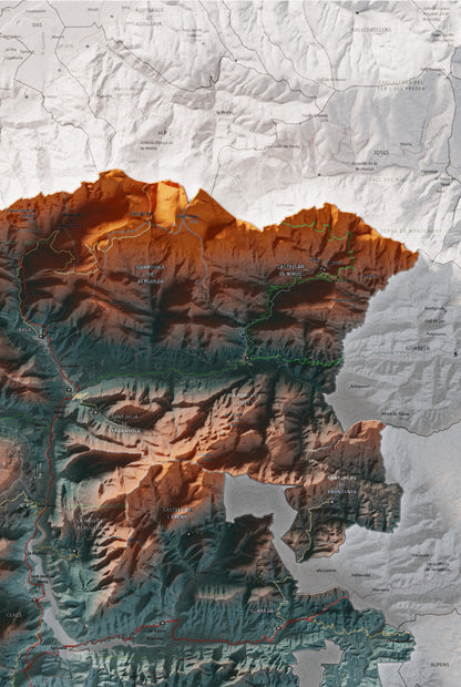 Mapa de relieve del Berguedà, con el territorio en color y el entorno en blanco. Detalle de la zona superior derecha. 61 × 91 cm. Estilo Azul y naranja.