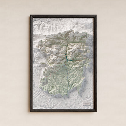 Mapa de relieve del Berguedà, con el territorio en color y el entorno en blanco. Presentación con marco. 61 × 91 cm. Estilo Cartográfico.