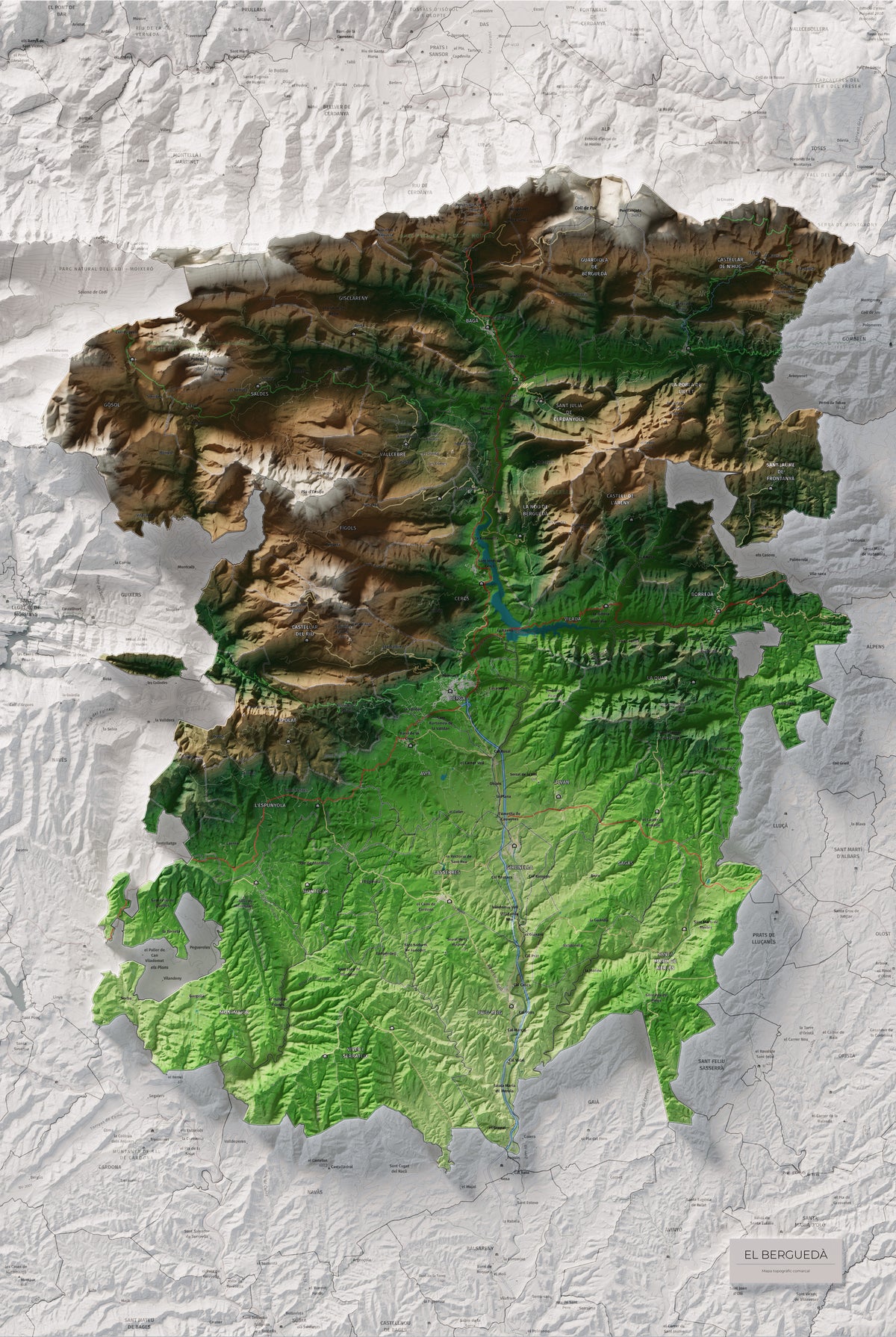 Mapa de relieve del Berguedà, con el territorio en color y el entorno en blanco. Vista completa de la lámina. 61 × 91 cm. Estilo Clásico.