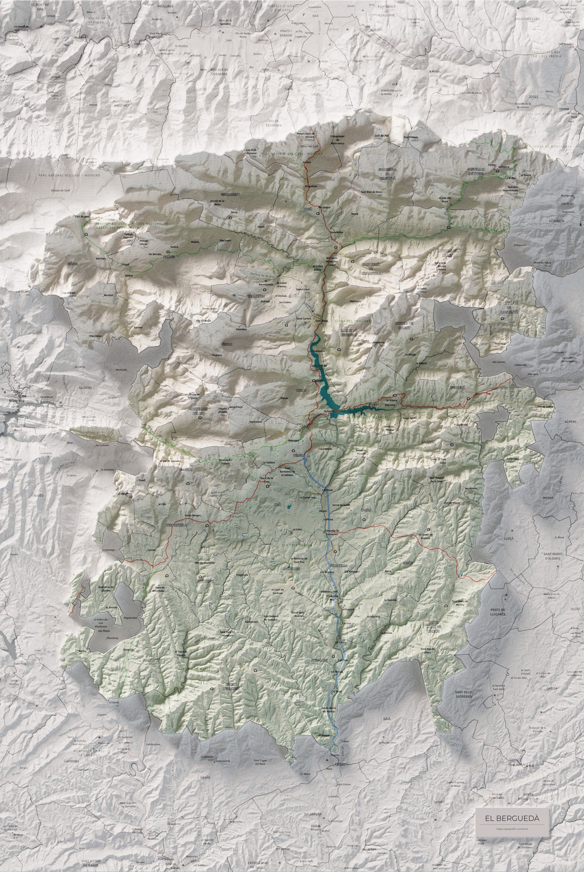 Mapa de relieve del Berguedà, con el territorio en color y el entorno en blanco. Vista completa de la lámina. 61 × 91 cm. Estilo Cartográfico.