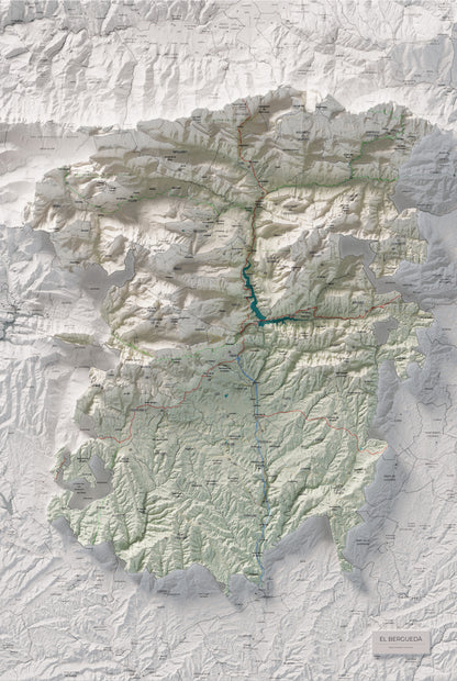 Mapa de relieve del Berguedà, con el territorio en color y el entorno en blanco. Vista completa de la lámina. 61 × 91 cm. Estilo Cartográfico.