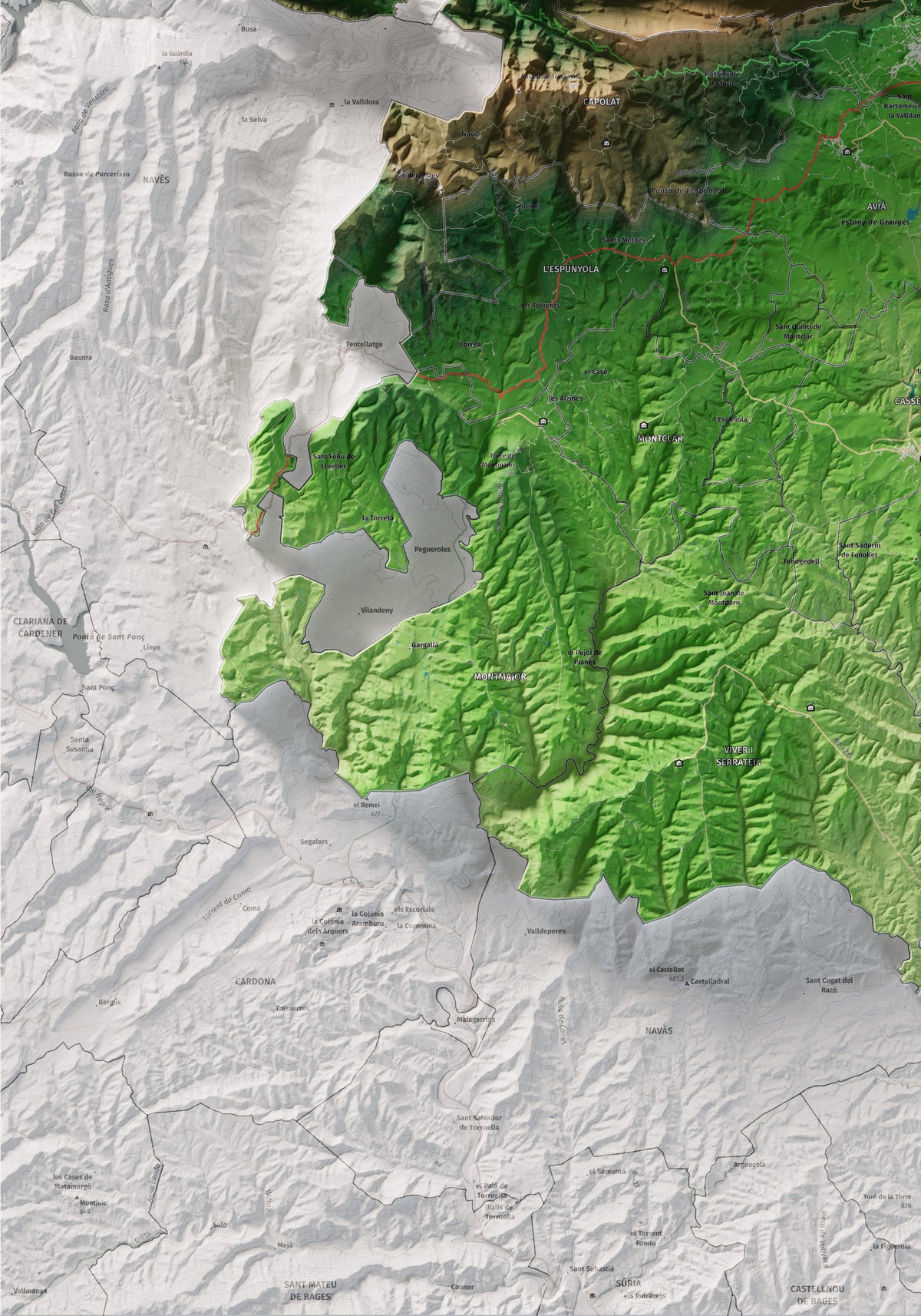 Mapa de relieve del Berguedà, con el territorio en color y el entorno en blanco. Detalle de la zona inferior izquierda. 70 × 100 cm. Estilo Clásico.
