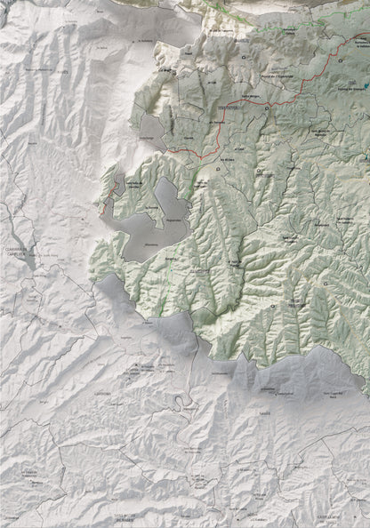 Mapa de relieve del Berguedà, con el territorio en color y el entorno en blanco. Detalle de la zona inferior izquierda. 70 × 100 cm. Estilo Cartográfico.