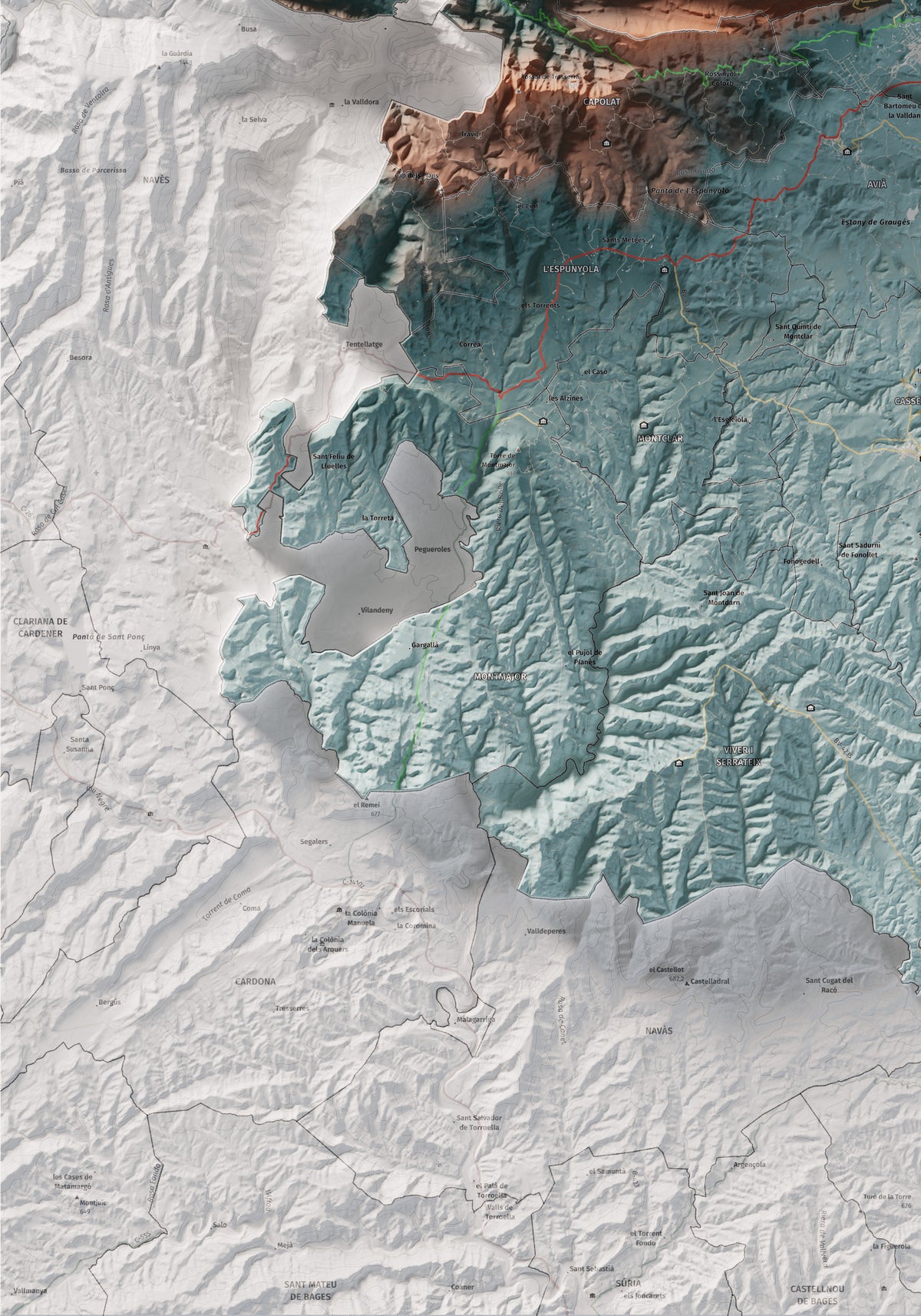 Mapa de relieve del Berguedà, con el territorio en color y el entorno en blanco. Detalle de la zona inferior izquierda. 70 × 100 cm. Estilo Azul y naranja.