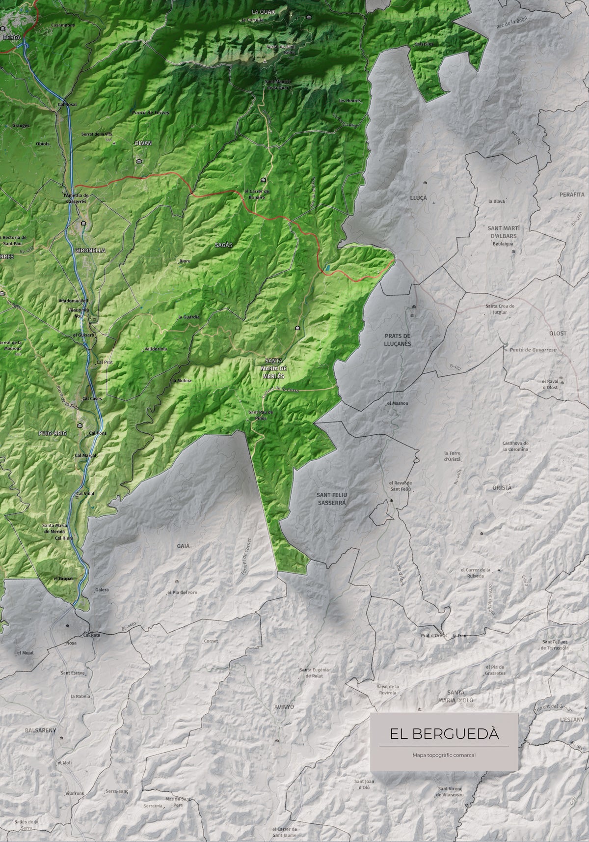 Mapa de relieve del Berguedà, con el territorio en color y el entorno en blanco. Detalle de la zona inferior derecha. 70 × 100 cm. Estilo Clásico.