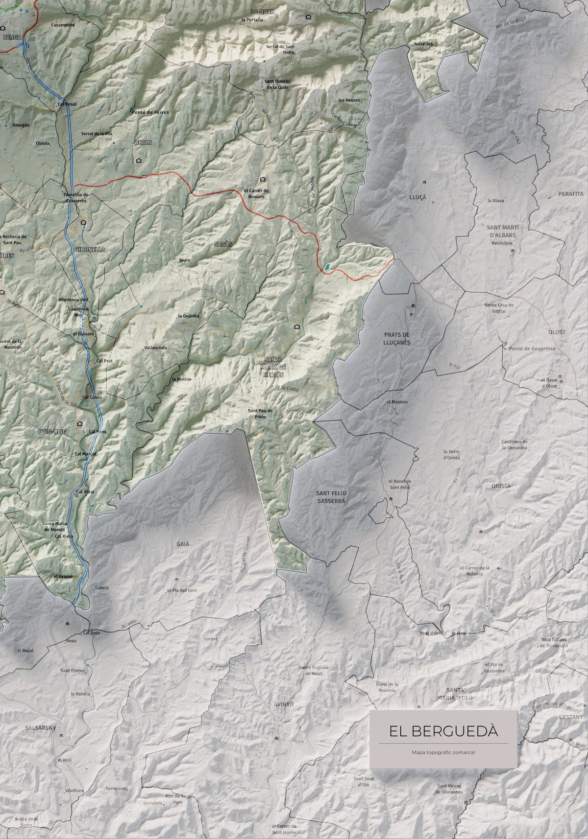 Mapa de relieve del Berguedà, con el territorio en color y el entorno en blanco. Detalle de la zona inferior derecha. 70 × 100 cm. Estilo Cartográfico.