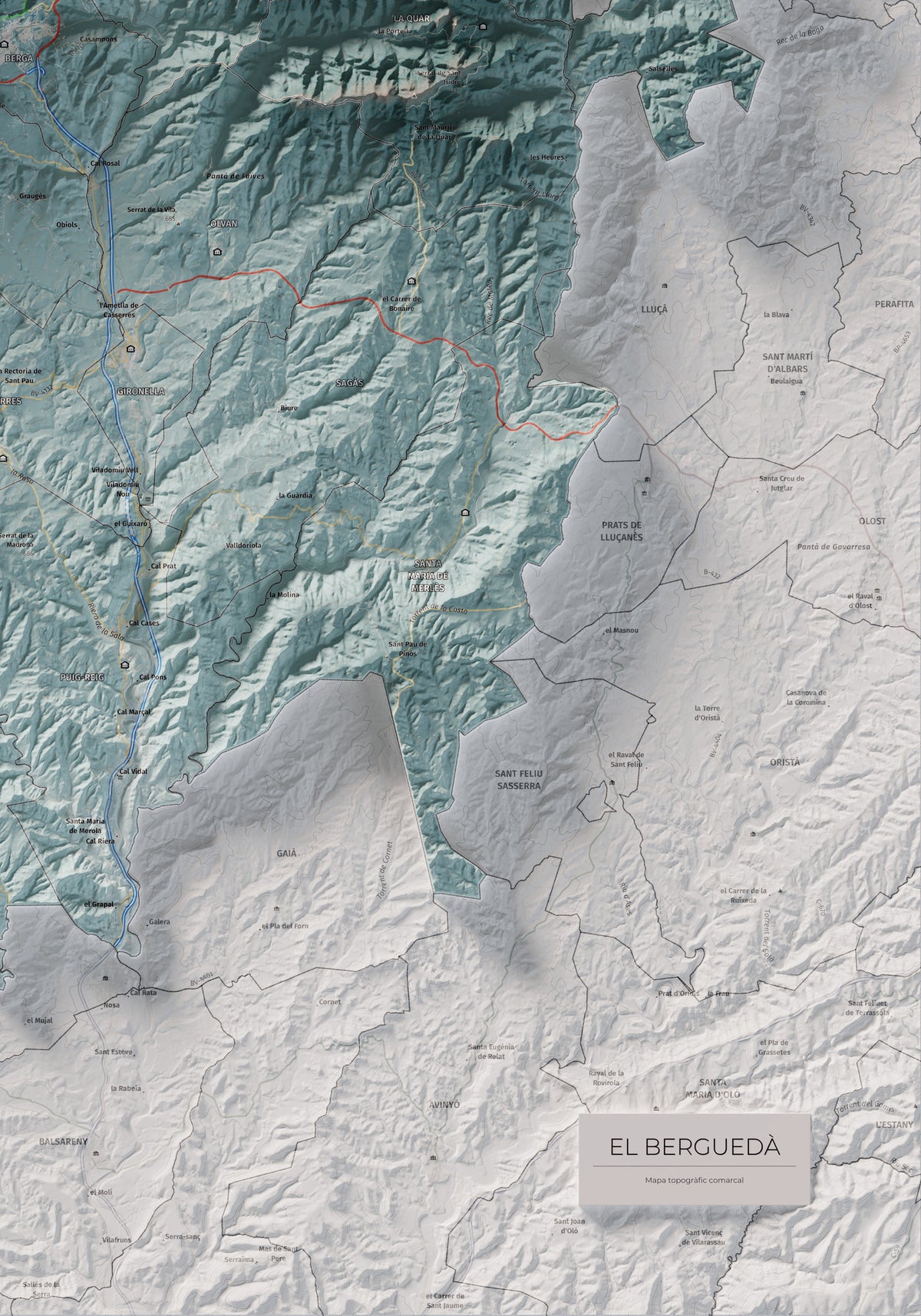 Mapa de relieve del Berguedà, con el territorio en color y el entorno en blanco. Detalle de la zona inferior derecha. 70 × 100 cm. Estilo Azul y naranja.