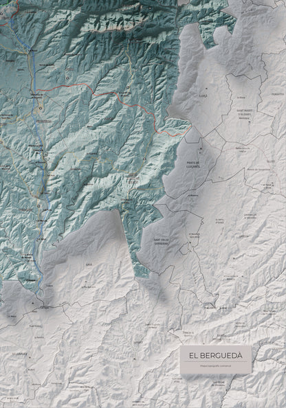 Mapa de relieve del Berguedà, con el territorio en color y el entorno en blanco. Detalle de la zona inferior derecha. 70 × 100 cm. Estilo Azul y naranja.