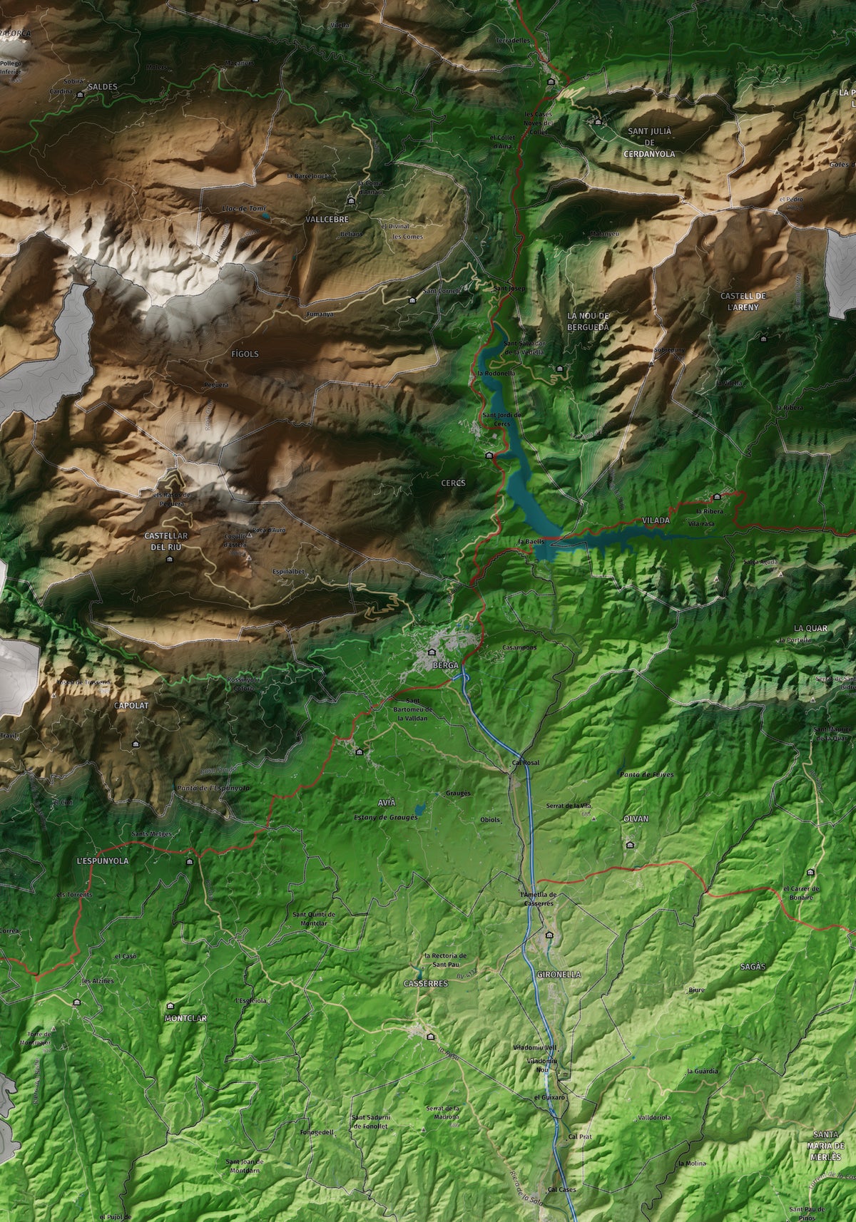 Mapa de relieve del Berguedà, con el territorio en color y el entorno en blanco. Detalle de la zona central. 70 × 100 cm. Estilo Clásico.