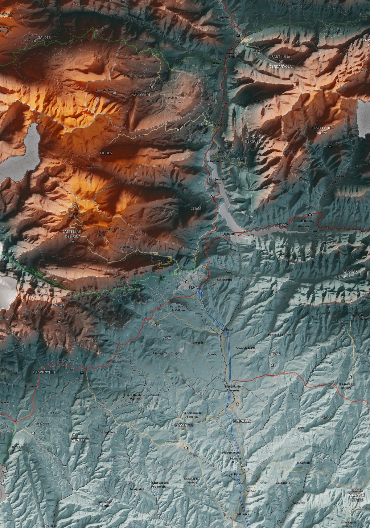 Mapa de relieve del Berguedà, con el territorio en color y el entorno en blanco. Detalle de la zona central. 70 × 100 cm. Estilo Azul y naranja.