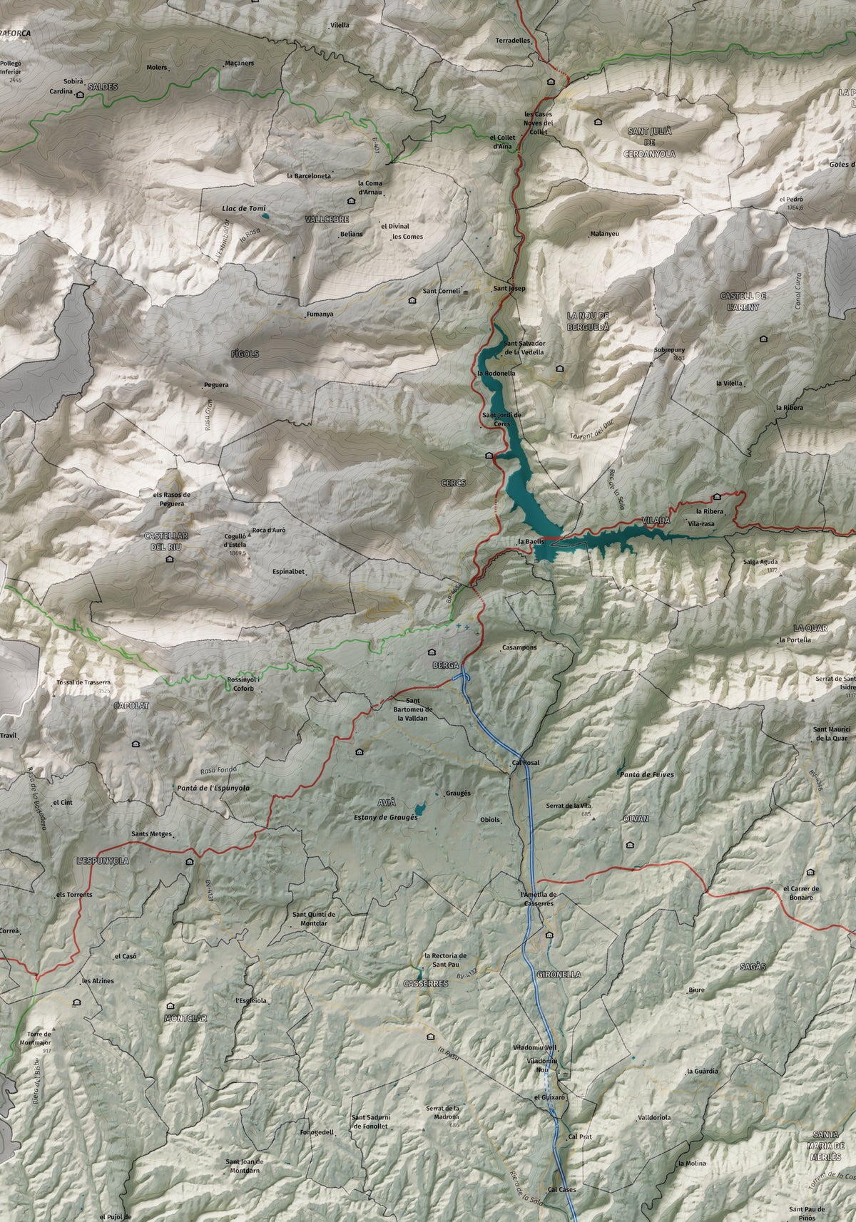 Mapa de relieve del Berguedà, con el territorio en color y el entorno en blanco. Detalle de la zona central. 70 × 100 cm. Estilo Cartográfico.