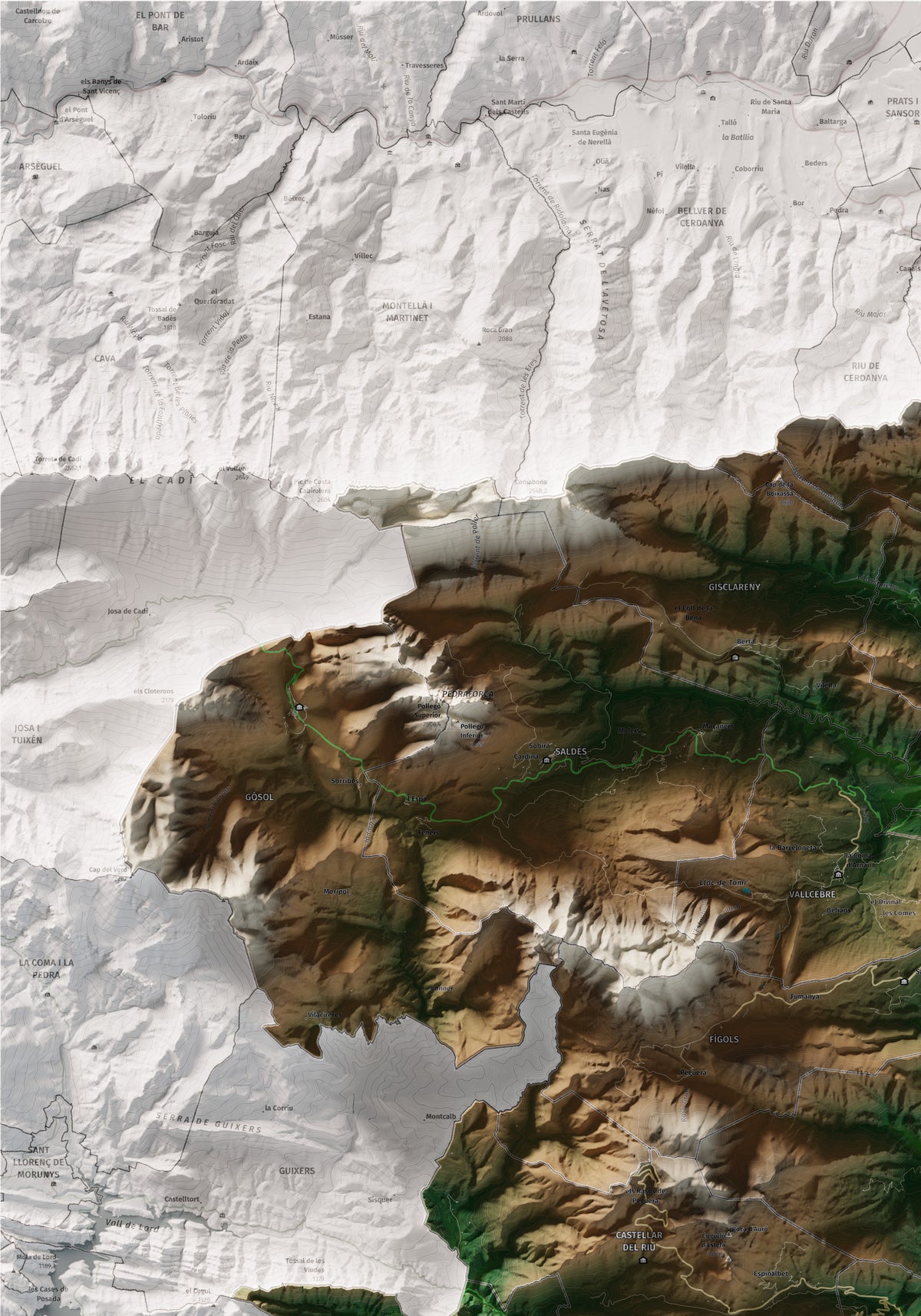 Mapa de relieve del Berguedà, con el territorio en color y el entorno en blanco. Detalle de la zona superior izquierda. 70 × 100 cm. Estilo Clásico.