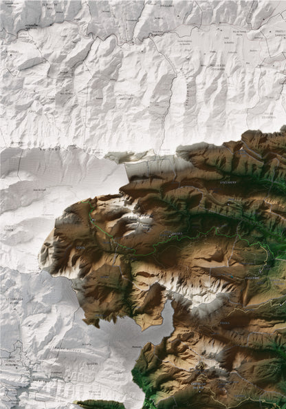 Mapa de relieve del Berguedà, con el territorio en color y el entorno en blanco. Detalle de la zona superior izquierda. 70 × 100 cm. Estilo Clásico.