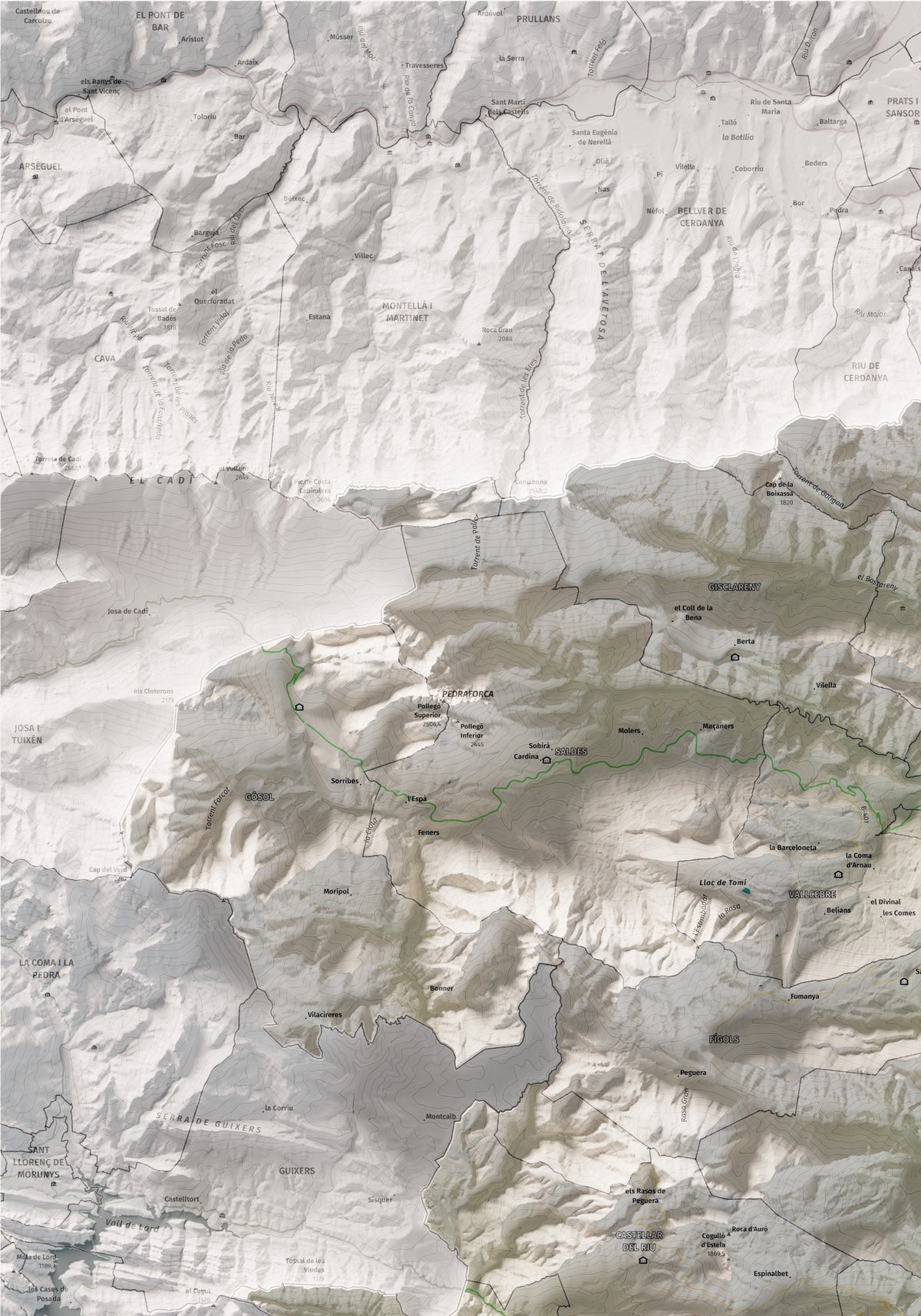Mapa de relieve del Berguedà, con el territorio en color y el entorno en blanco. Detalle de la zona superior izquierda. 70 × 100 cm. Estilo Cartográfico.