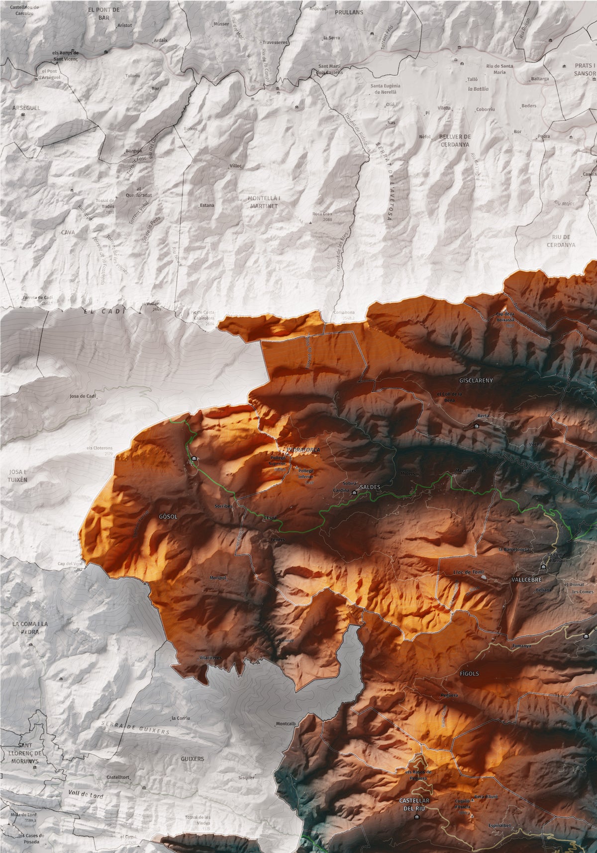 Mapa de relieve del Berguedà, con el territorio en color y el entorno en blanco. Detalle de la zona superior izquierda. 70 × 100 cm. Estilo Azul y naranja.