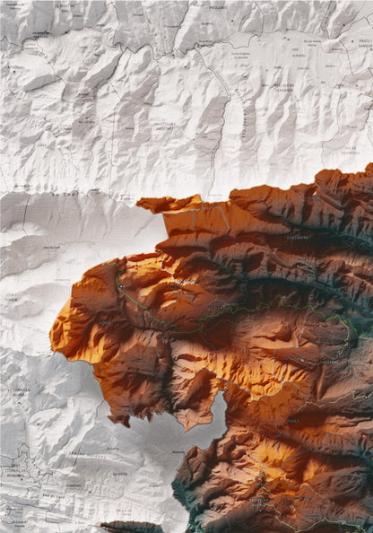 Mapa de relieve del Berguedà, con el territorio en color y el entorno en blanco. Detalle de la zona superior izquierda. 70 × 100 cm. Estilo Azul y naranja.