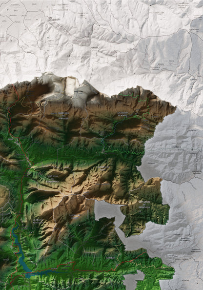 Mapa de relieve del Berguedà, con el territorio en color y el entorno en blanco. Detalle de la zona superior derecha. 70 × 100 cm. Estilo Clásico.