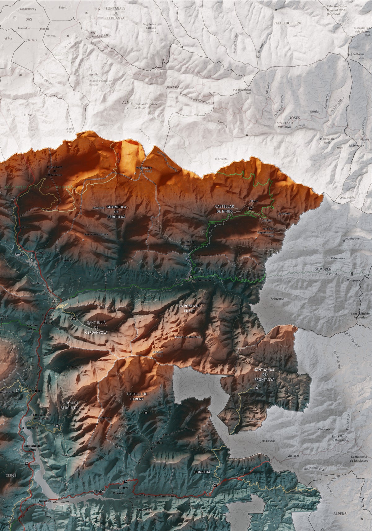 Mapa de relieve del Berguedà, con el territorio en color y el entorno en blanco. Detalle de la zona superior derecha. 70 × 100 cm. Estilo Azul y naranja.