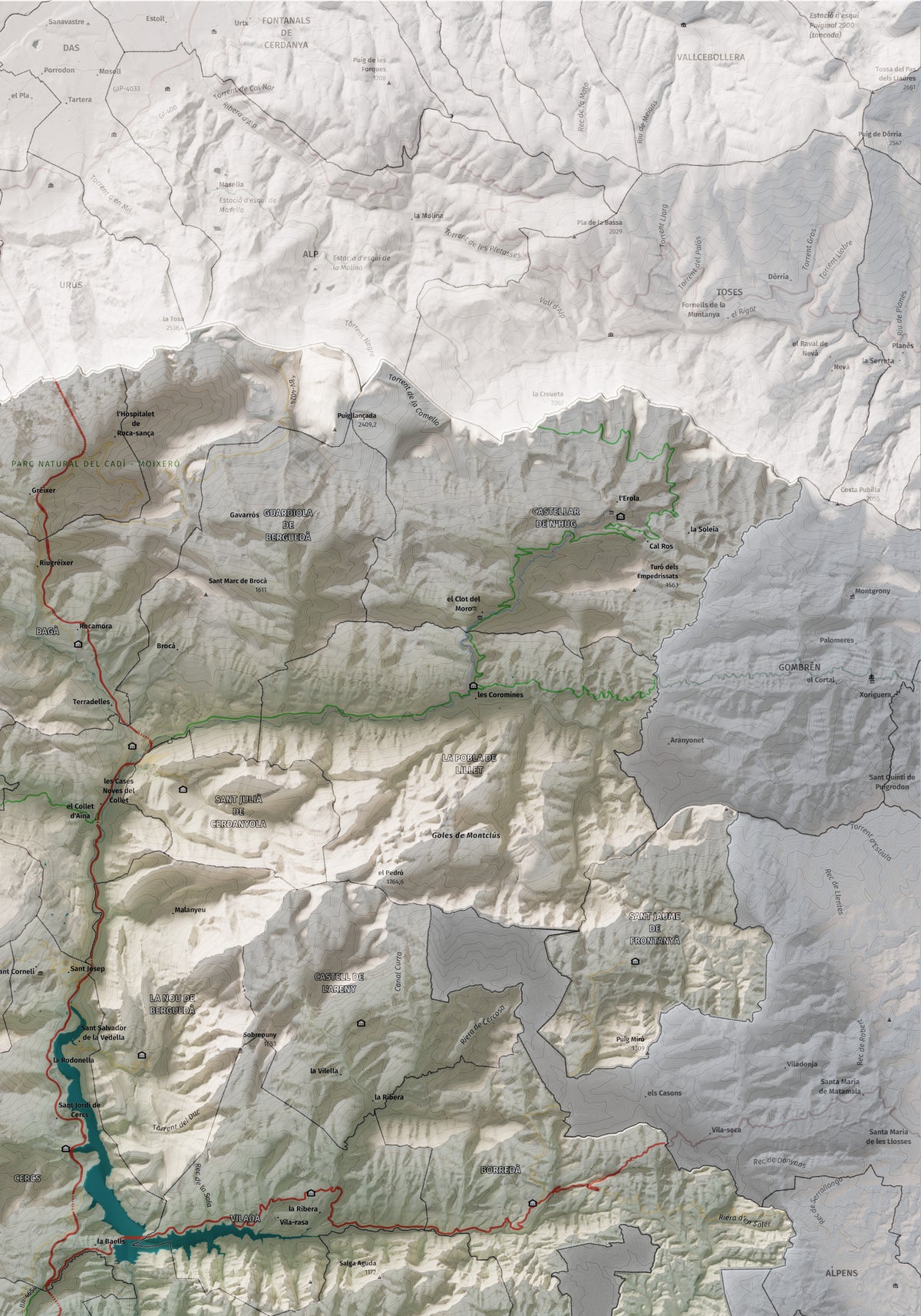 Mapa de relieve del Berguedà, con el territorio en color y el entorno en blanco. Detalle de la zona superior derecha. 70 × 100 cm. Estilo Cartográfico.