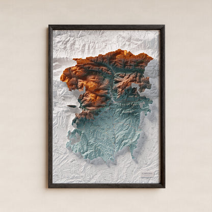 Mapa de relieve del Berguedà, con el territorio en color y el entorno en blanco. Presentación con marco. 70 × 100 cm. Estilo Azul y naranja.