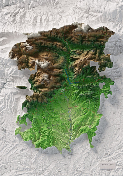 Mapa de relieve del Berguedà, con el territorio en color y el entorno en blanco. Vista completa de la lámina. 70 × 100 cm. Estilo Clásico.