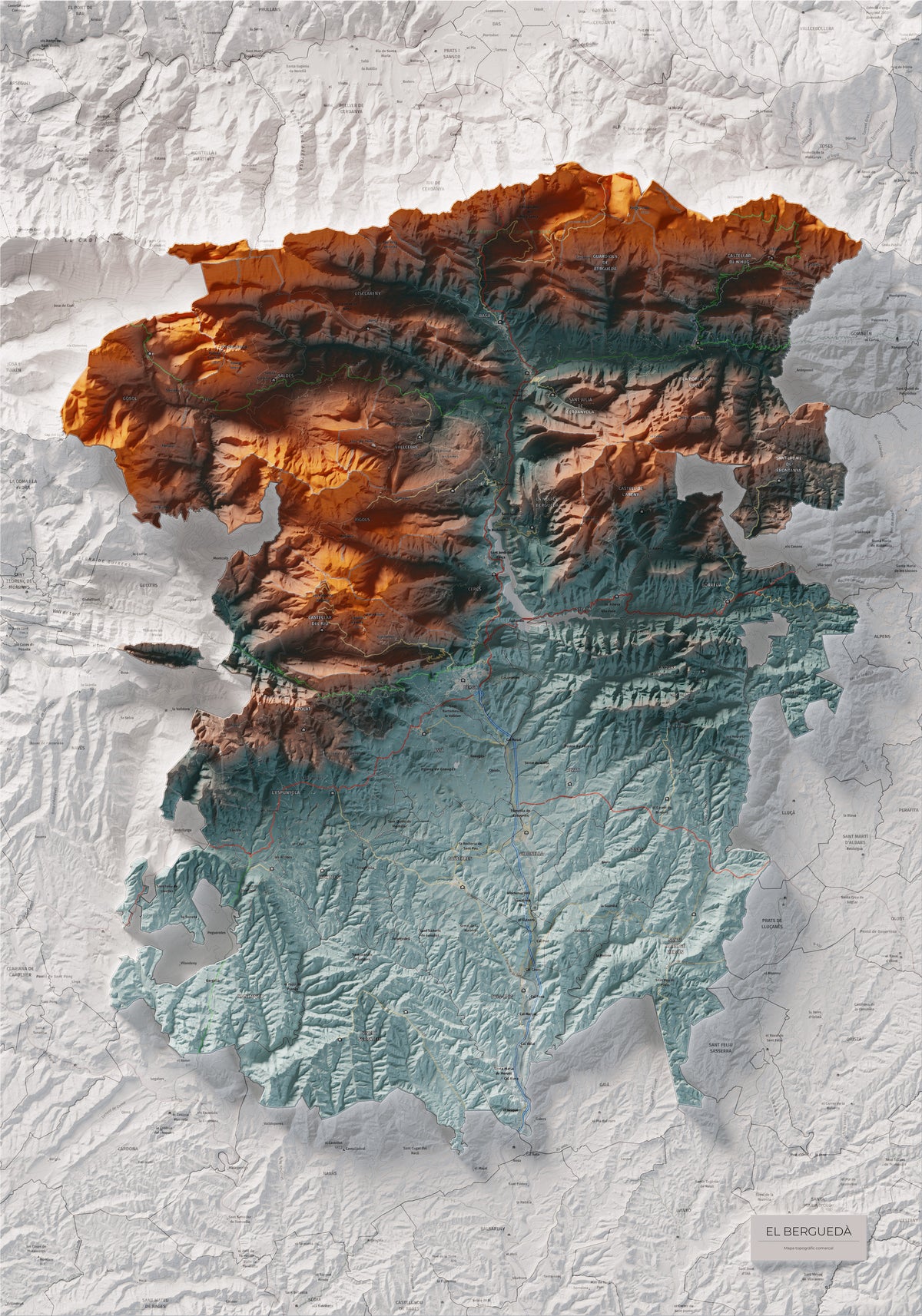 Mapa de relieve del Berguedà, con el territorio en color y el entorno en blanco. Vista completa de la lámina. 70 × 100 cm. Estilo Azul y naranja.