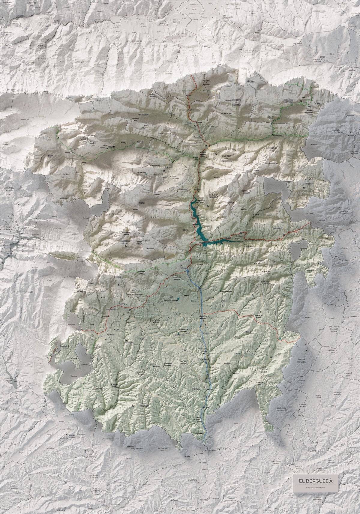 Mapa de relieve del Berguedà, con el territorio en color y el entorno en blanco. Vista completa de la lámina. 70 × 100 cm. Estilo Cartográfico.
