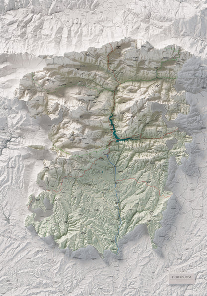 Mapa de relieve del Berguedà, con el territorio en color y el entorno en blanco. Vista completa de la lámina. 70 × 100 cm. Estilo Cartográfico.