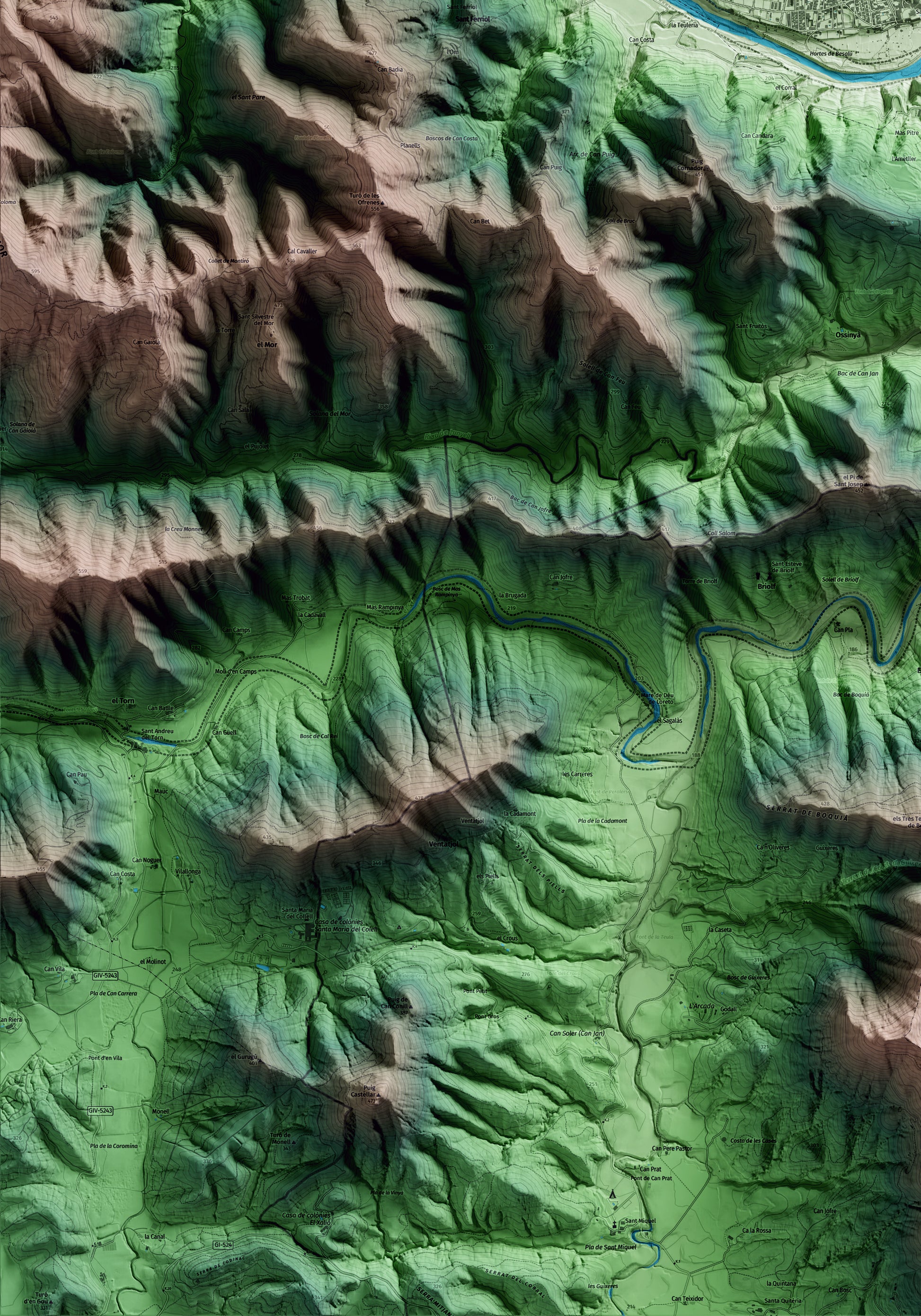 Mapa artístico del relieve de Besalú, a la Garrotxa, con 15 km de entorno y base topográfica ICGC. Detalle de la zona inferior izquierda.