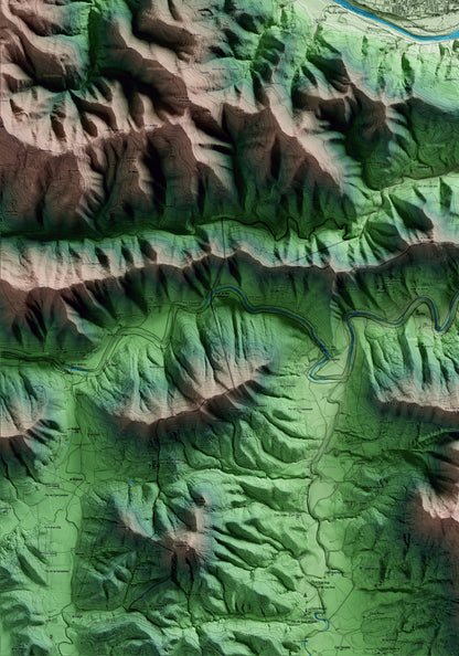 Mapa artístico del relieve de Besalú, a la Garrotxa, con 15 km de entorno y base topográfica ICGC. Detalle de la zona inferior izquierda.
