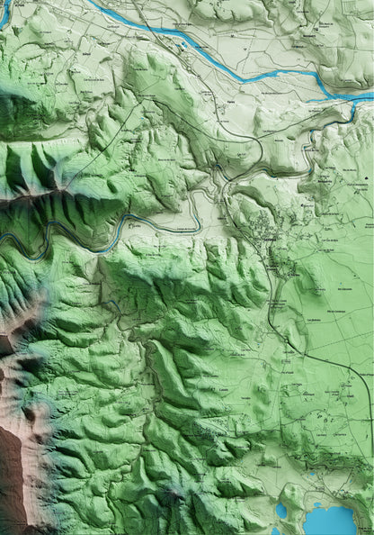 Mapa artístico del relieve de Besalú, a la Garrotxa, con 15 km de entorno y base topográfica ICGC. Detalle de la zona inferior derecha.