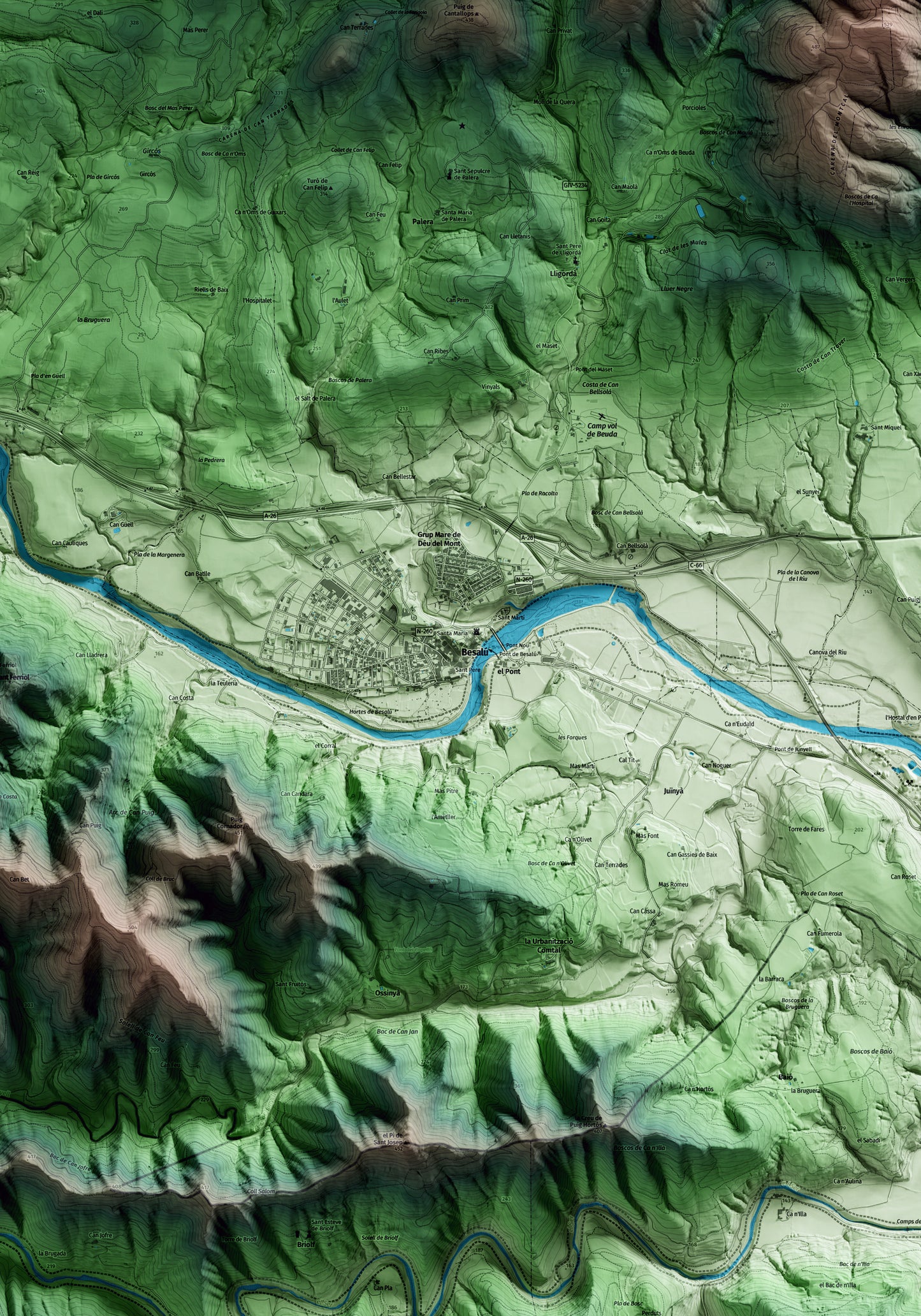 Mapa artístico del relieve de Besalú, a la Garrotxa, con 15 km de entorno y base topográfica ICGC. Detalle de la zona central.