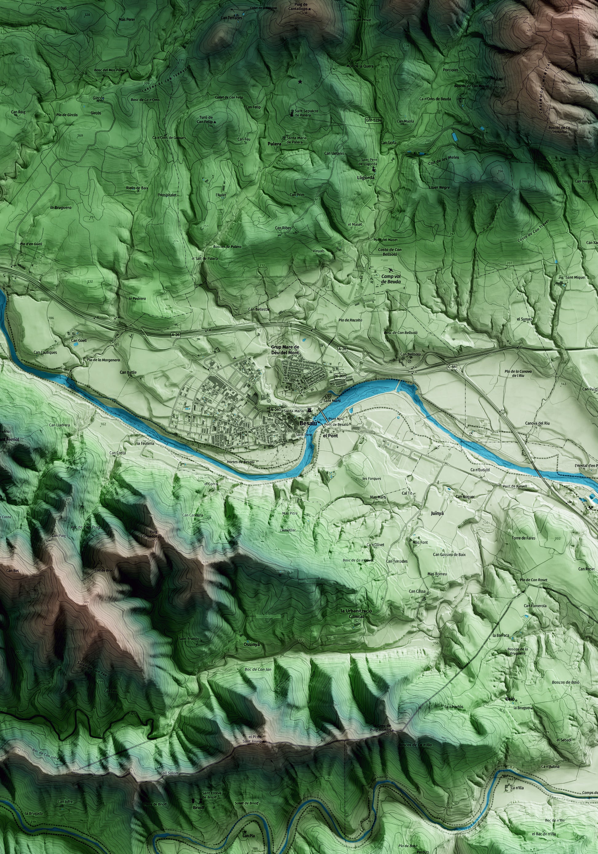 Mapa artístico del relieve de Besalú, a la Garrotxa, con 15 km de entorno y base topográfica ICGC. Detalle de la zona central.