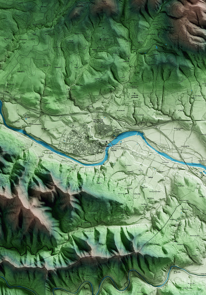 Mapa artístico del relieve de Besalú, a la Garrotxa, con 15 km de entorno y base topográfica ICGC. Detalle de la zona central.