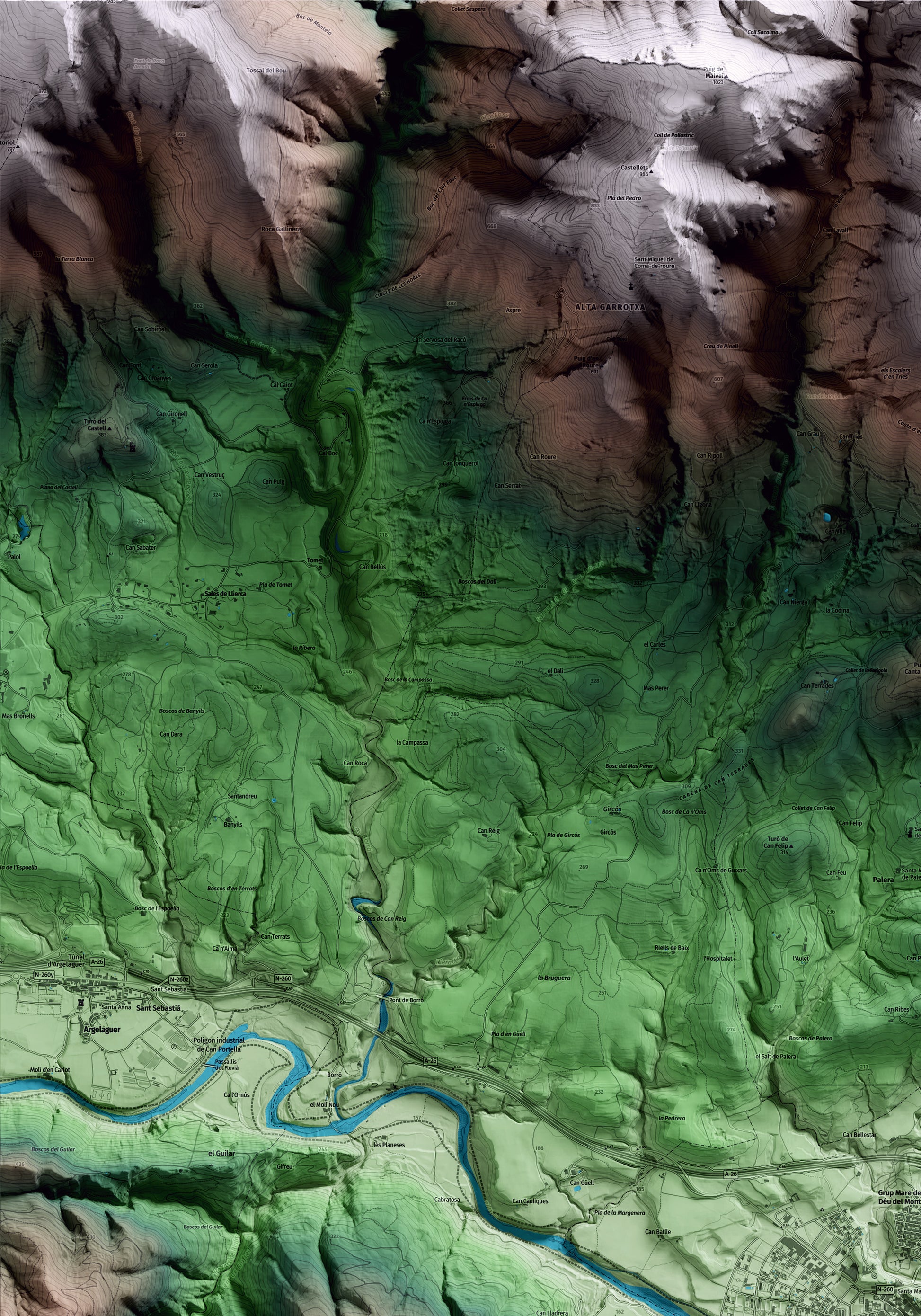 Mapa artístico del relieve de Besalú, a la Garrotxa, con 15 km de entorno y base topográfica ICGC. Detalle de la zona superior izquierda.